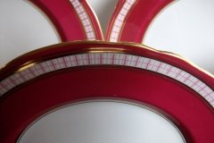 AYNSLEY #7228- RASPBERRY RED BODY, PLAID BAND, SCALLOPED, GILT -  PLAID- SALAD PLATE   .....   http://jaapiesfinechinastore.com
