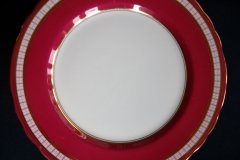 AYNSLEY #7228- RASPBERRY RED BODY, PLAID BAND, SCALLOPED, GILT -  PLAID- SALAD PLATE   .....   http://jaapiesfinechinastore.com