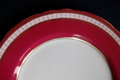 AYNSLEY #7228- RASPBERRY RED BODY, PLAID BAND, SCALLOPED, GILT -  PLAID- SALAD PLATE   .....   http://jaapiesfinechinastore.com