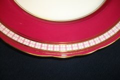 AYNSLEY #7228- RASPBERRY RED BODY, PLAID BAND, SCALLOPED, GILT -  PLAID- SALAD PLATE   .....   http://jaapiesfinechinastore.com