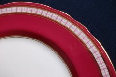 AYNSLEY #7228- RASPBERRY RED BODY, PLAID BAND, SCALLOPED, GILT -  PLAID- SALAD PLATE   .....   http://jaapiesfinechinastore.com