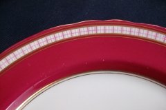 AYNSLEY #7228- RASPBERRY RED BODY, PLAID BAND, SCALLOPED, GILT -  PLAID- SALAD PLATE   .....   http://jaapiesfinechinastore.com