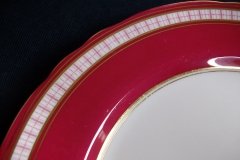 AYNSLEY #7228- RASPBERRY RED BODY, PLAID BAND, SCALLOPED, GILT -  PLAID- SALAD PLATE   .....   http://jaapiesfinechinastore.com