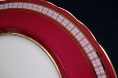 AYNSLEY #7228- RASPBERRY RED BODY, PLAID BAND, SCALLOPED, GILT -  PLAID- SALAD PLATE   .....   http://jaapiesfinechinastore.com