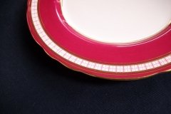 AYNSLEY #7228- RASPBERRY RED BODY, PLAID BAND, SCALLOPED, GILT -  PLAID- SALAD PLATE   .....   http://jaapiesfinechinastore.com