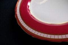 AYNSLEY #7228- RASPBERRY RED BODY, PLAID BAND, SCALLOPED, GILT -  PLAID- SALAD PLATE   .....   http://jaapiesfinechinastore.com