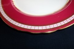 AYNSLEY #7228- RASPBERRY RED BODY, PLAID BAND, SCALLOPED, GILT -  PLAID- SALAD PLATE   .....   http://jaapiesfinechinastore.com