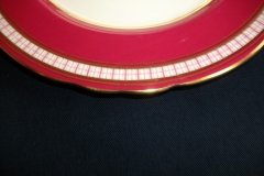 AYNSLEY #7228- RASPBERRY RED BODY, PLAID BAND, SCALLOPED, GILT -  PLAID- SALAD PLATE   .....   http://jaapiesfinechinastore.com