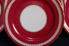 AYNSLEY #7228- RASPBERRY RED BODY, PLAID BAND, SCALLOPED, GILT -  PLAID- SALAD PLATE   .....   http://jaapiesfinechinastore.com