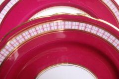 AYNSLEY #7228- RASPBERRY RED BODY, PLAID BAND, SCALLOPED, GILT -  PLAID- SALAD PLATE   .....   http://jaapiesfinechinastore.com