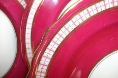 AYNSLEY #7228- RASPBERRY RED BODY, PLAID BAND, SCALLOPED, GILT -  PLAID- SALAD PLATE   .....   http://jaapiesfinechinastore.com