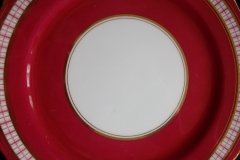 AYNSLEY #7228- RASPBERRY RED BODY, PLAID BAND, SCALLOPED, GILT -  PLAID- SALAD PLATE   .....   http://jaapiesfinechinastore.com