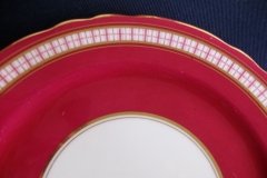 AYNSLEY #7228- RASPBERRY RED BODY, PLAID BAND, SCALLOPED, GILT -  PLAID- SALAD PLATE   .....   http://jaapiesfinechinastore.com