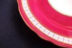 AYNSLEY #7228- RASPBERRY RED BODY, PLAID BAND, SCALLOPED, GILT -  PLAID- SALAD PLATE   .....   http://jaapiesfinechinastore.com