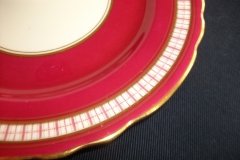 AYNSLEY #7228- RASPBERRY RED BODY, PLAID BAND, SCALLOPED, GILT -  PLAID- SALAD PLATE   .....   http://jaapiesfinechinastore.com