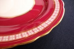 AYNSLEY #7228- RASPBERRY RED BODY, PLAID BAND, SCALLOPED, GILT -  PLAID- SALAD PLATE   .....   http://jaapiesfinechinastore.com