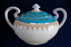 AYNSLEY AQUA BLUE #7611- FILIGREE, GOLD SCROLLS-  COVERED SUGAR BOWL    .....   http://jaapiesfinechinastore.com