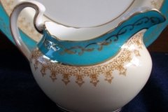 AYNSLEY AQUA BLUE #7611- FILIGREE, GOLD SCROLLS-  CREAMER    .....   http://jaapiesfinechinastore.com