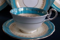 AYNSLEY AQUA BLUE #7611- FILIGREE, GOLD SCROLLS-  CUP & SAUCER   .....   http://jaapiesfinechinastore.com