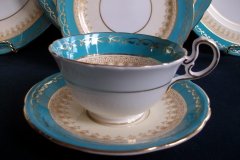 AYNSLEY AQUA BLUE #7611- FILIGREE, GOLD SCROLLS-  CUP & SAUCER   .....   http://jaapiesfinechinastore.com