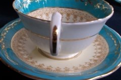 AYNSLEY AQUA BLUE #7611- FILIGREE, GOLD SCROLLS-  CUP & SAUCER   .....   http://jaapiesfinechinastore.com