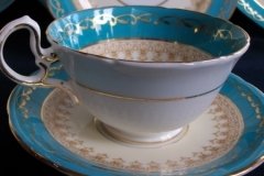 AYNSLEY AQUA BLUE #7611- FILIGREE, GOLD SCROLLS-  CUP & SAUCER   .....   http://jaapiesfinechinastore.com