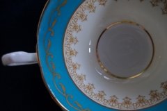 AYNSLEY AQUA BLUE #7611- FILIGREE, GOLD SCROLLS-  CUP & SAUCER   .....   http://jaapiesfinechinastore.com