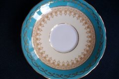 AYNSLEY AQUA BLUE #7611- FILIGREE, GOLD SCROLLS-  CUP & SAUCER   .....   http://jaapiesfinechinastore.com