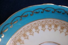 AYNSLEY AQUA BLUE #7611- FILIGREE, GOLD SCROLLS-  CUP & SAUCER   .....   http://jaapiesfinechinastore.com