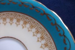 AYNSLEY AQUA BLUE #7611- FILIGREE, GOLD SCROLLS-  CUP & SAUCER   .....   http://jaapiesfinechinastore.com
