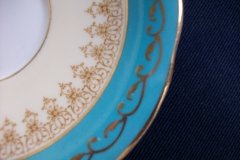 AYNSLEY AQUA BLUE #7611- FILIGREE, GOLD SCROLLS-  CUP & SAUCER   .....   http://jaapiesfinechinastore.com