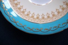 AYNSLEY AQUA BLUE #7611- FILIGREE, GOLD SCROLLS-  CUP & SAUCER   .....   http://jaapiesfinechinastore.com
