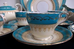 AYNSLEY AQUA BLUE #7611- FILIGREE, GOLD SCROLLS- DEMI CUP & SAUCER   .....   http://jaapiesfinechinastore.com
