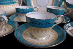 AYNSLEY AQUA BLUE #7611- FILIGREE, GOLD SCROLLS- DEMI CUP & SAUCER   .....   http://jaapiesfinechinastore.com