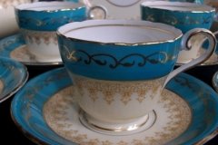 AYNSLEY AQUA BLUE #7611- FILIGREE, GOLD SCROLLS- DEMI CUP & SAUCER   .....   http://jaapiesfinechinastore.com