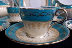 AYNSLEY AQUA BLUE #7611- FILIGREE, GOLD SCROLLS- DEMI CUP & SAUCER   .....   http://jaapiesfinechinastore.com
