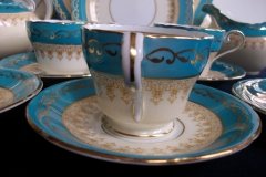 AYNSLEY AQUA BLUE #7611- FILIGREE, GOLD SCROLLS- DEMI CUP & SAUCER   .....   http://jaapiesfinechinastore.com