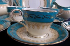 AYNSLEY AQUA BLUE #7611- FILIGREE, GOLD SCROLLS- DEMI CUP & SAUCER   .....   http://jaapiesfinechinastore.com