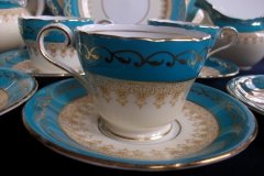 AYNSLEY AQUA BLUE #7611- FILIGREE, GOLD SCROLLS- DEMI CUP & SAUCER   .....   http://jaapiesfinechinastore.com