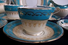 AYNSLEY AQUA BLUE #7611- FILIGREE, GOLD SCROLLS- DEMI CUP & SAUCER   .....   http://jaapiesfinechinastore.com