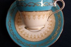 AYNSLEY AQUA BLUE #7611- FILIGREE, GOLD SCROLLS- DEMI CUP & SAUCER   .....   http://jaapiesfinechinastore.com