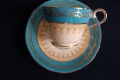AYNSLEY AQUA BLUE #7611- FILIGREE, GOLD SCROLLS- DEMI CUP & SAUCER   .....   http://jaapiesfinechinastore.com