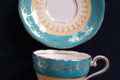 AYNSLEY AQUA BLUE #7611- FILIGREE, GOLD SCROLLS- DEMI CUP & SAUCER   .....   http://jaapiesfinechinastore.com