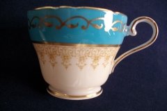 AYNSLEY AQUA BLUE #7611- FILIGREE, GOLD SCROLLS- DEMI CUP & SAUCER   .....   http://jaapiesfinechinastore.com