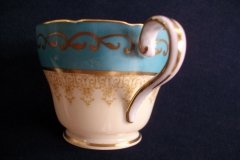 AYNSLEY AQUA BLUE #7611- FILIGREE, GOLD SCROLLS- DEMI CUP & SAUCER   .....   http://jaapiesfinechinastore.com