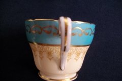 AYNSLEY AQUA BLUE #7611- FILIGREE, GOLD SCROLLS- DEMI CUP & SAUCER   .....   http://jaapiesfinechinastore.com