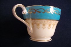 AYNSLEY AQUA BLUE #7611- FILIGREE, GOLD SCROLLS- DEMI CUP & SAUCER   .....   http://jaapiesfinechinastore.com