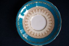 AYNSLEY AQUA BLUE #7611- FILIGREE, GOLD SCROLLS- DEMI CUP & SAUCER   .....   http://jaapiesfinechinastore.com