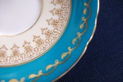 AYNSLEY AQUA BLUE #7611- FILIGREE, GOLD SCROLLS- DEMI CUP & SAUCER   .....   http://jaapiesfinechinastore.com