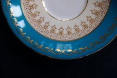AYNSLEY AQUA BLUE #7611- FILIGREE, GOLD SCROLLS- DEMI CUP & SAUCER   .....   http://jaapiesfinechinastore.com